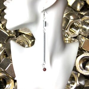 Handmade Artisan Earrings Dangle Pierced Rock Punk Long Industrial/Red Bead NEW